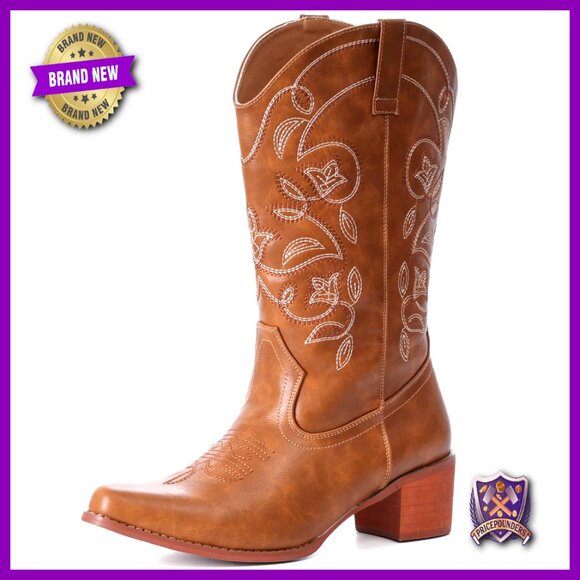 Pointy Toe Cowgirl Boots Mid Calf Western Style Wide Calf Comfortable Lining